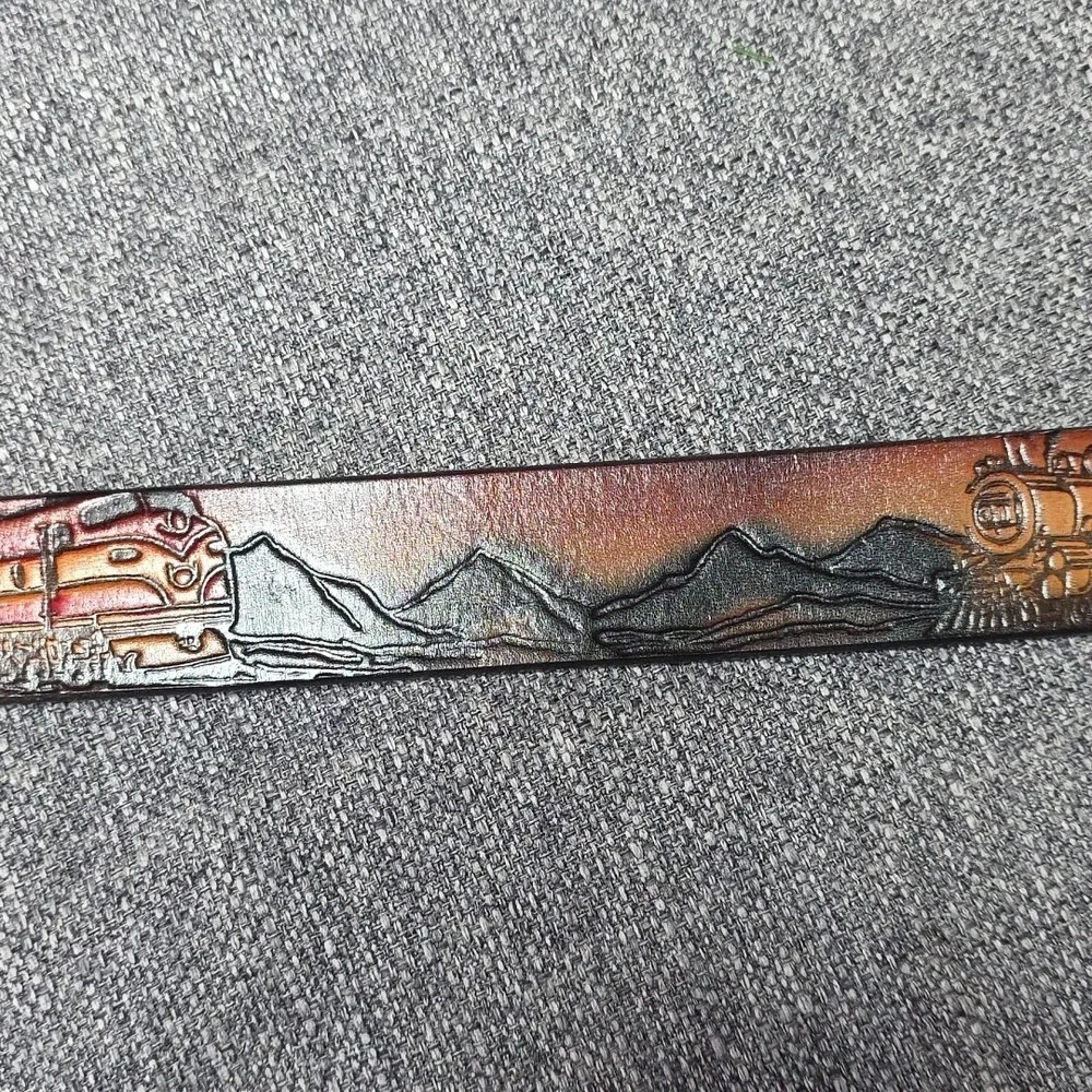 Vtg Train Western Tooled Leather Belt Mountain Buckle Steam Engines Tunnels